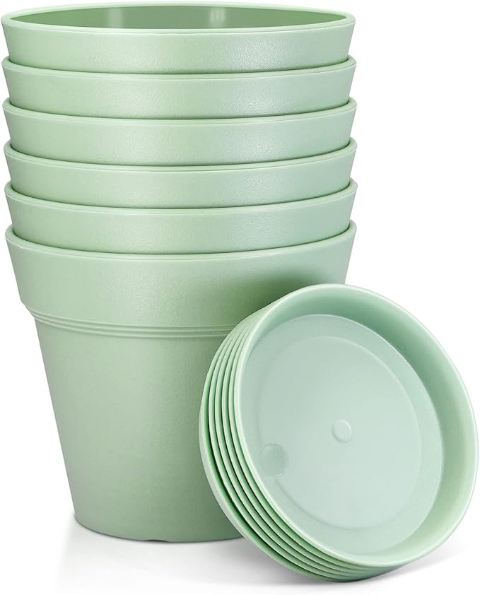 4 Inch Plastic Plant Pots 6 Pack, Small Flower Pots with Drainage Holes and Tray, Thickened Indoor Planters Seedlings Nursery Pots, African Violet, Succulent and All House Plants, Green