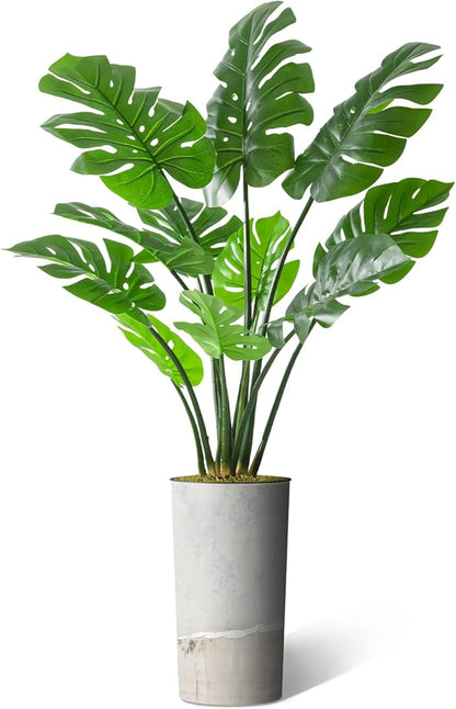 Artificial Tree in Gray Tan Watercolor Abstract Planter, Fake Monstera Silk Tree for Indoor and Outdoor Home Decoration - 65" Overall Tall (Plant Pot Plus Tree)