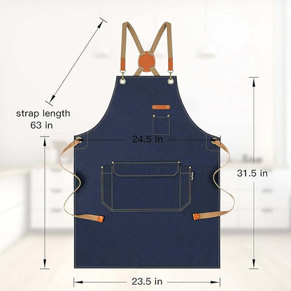 Chef Apron with Cross Back Straps for Men Women, Cotton Canvas Apron for Artists Painting, Kitchen Cooking