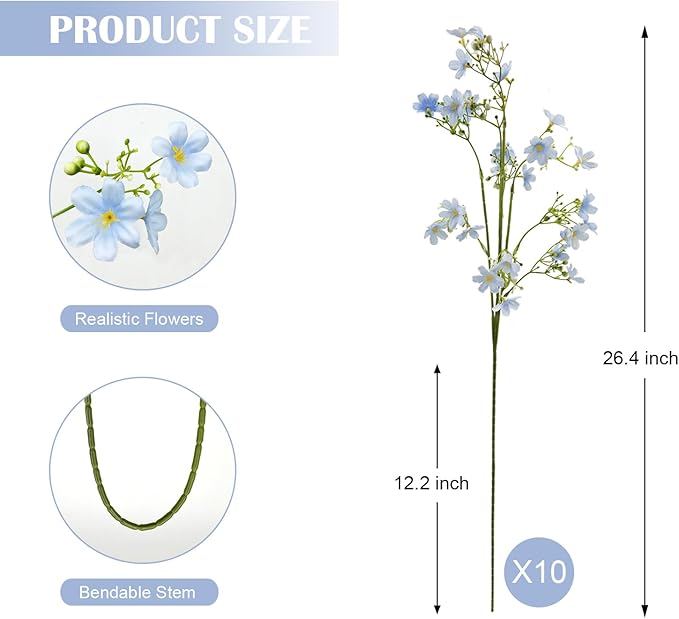 10 PCS Silk Flowers with Long Stems Artificial Flower for Tall Vase Outdoors Fake Babys Breath Bouquet Faux Floral Wedding Party Decoration Home Indoor Table Centerpiece Decor (Light Blue)