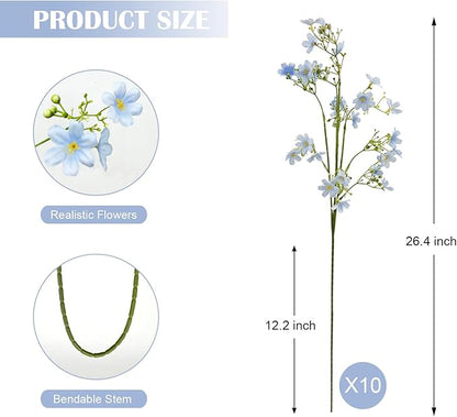 10 PCS Silk Flowers with Long Stems Artificial Flower for Tall Vase Outdoors Fake Babys Breath Bouquet Faux Floral Wedding Party Decoration Home Indoor Table Centerpiece Decor (Light Blue)