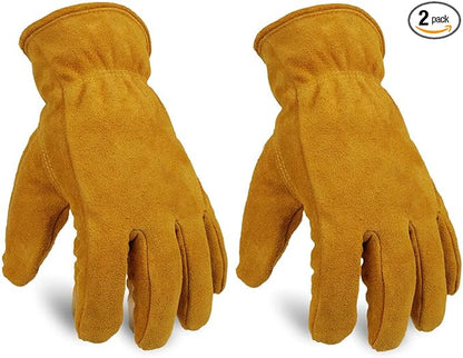 OZERO 2 Pairs Winter Leather Work Gloves for Men Women: Thermal Thick Lining Windproof Water-resistant Insulated Gloves for Outdoor Cold Weather Working Gold/Large