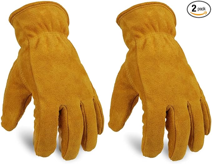 OZERO 2 Pairs Winter Leather Work Gloves: Warm Thick Lining for Cold Weather Working, Thermal Insulated Gloves for men and women Gold/Medium