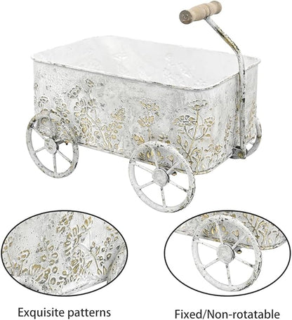 Flower Cart with Wooden Handles, Metal Wagon Planters for Outdoor Plants, Garden Planter with Wagon Wheels, Decorative Wheelbarrow, Plant Cart for Patio Garden Balcony (White)