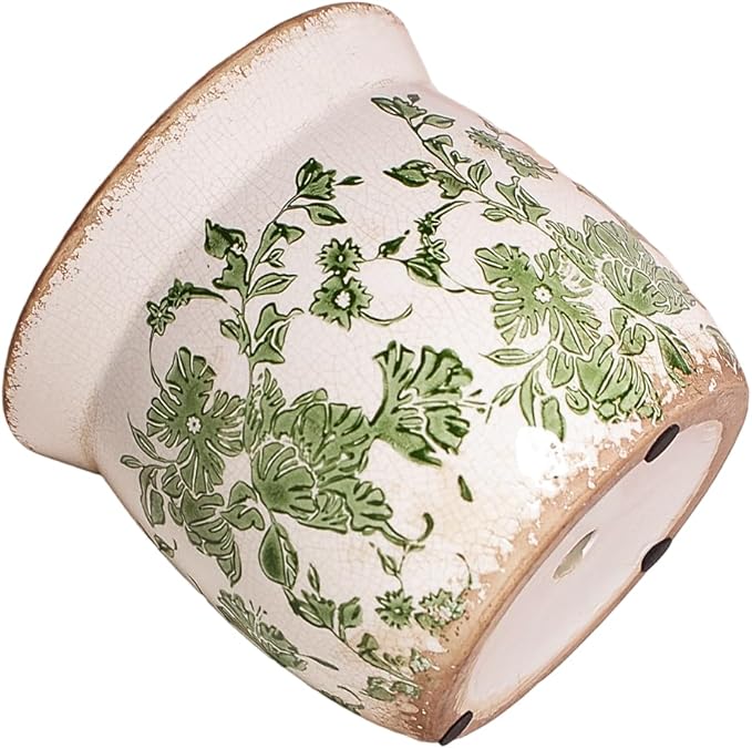 Rustic Ceramic Pots for Plants, 6.21in. Vintage Crackle Glazed Planters for Indoor & Outdoor Plants with Drainage Hole, Unique Planting Pots for Gardening, Tuscan Decor Plant Pots Indoor, Green Leaf