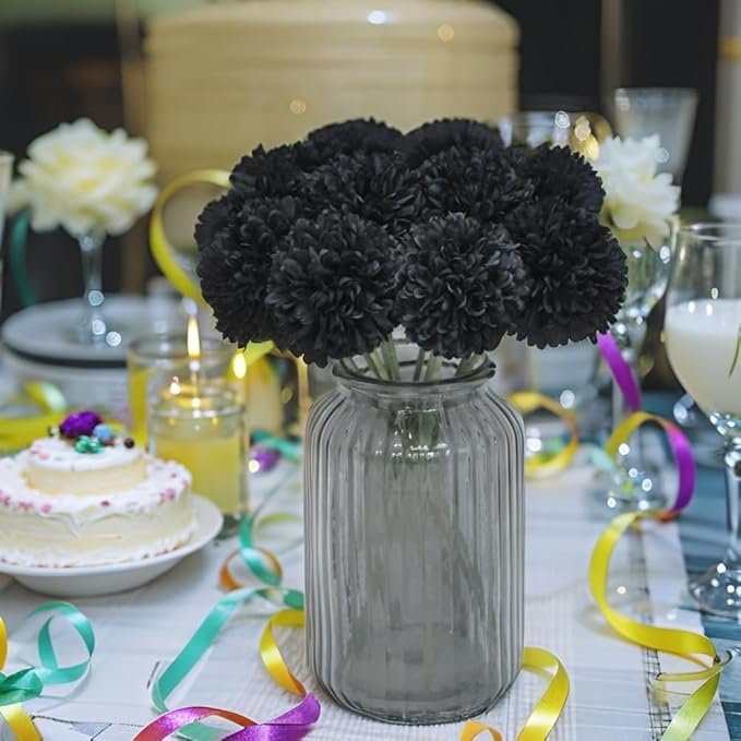 Artificial Flowers Chrysanthemum Ball Flowers Bouquet 10pcs Halloween Fall Harvest Festival Decoration Glorious Moral for Home Office Coffee House Parties and Wedding (Black)
