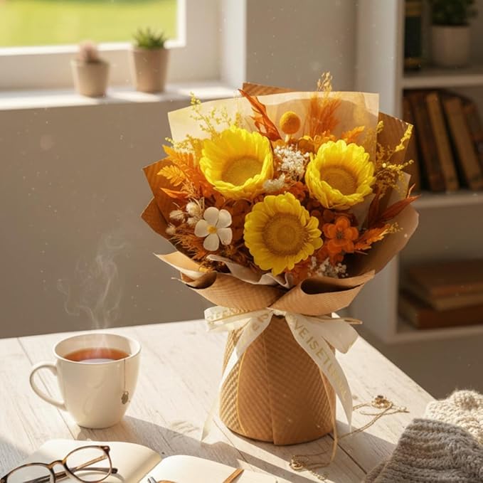 Vaanshie Premium Preserved Flower Bouquet Ideal for Mother's Day Gifting (Sunflower Orange)