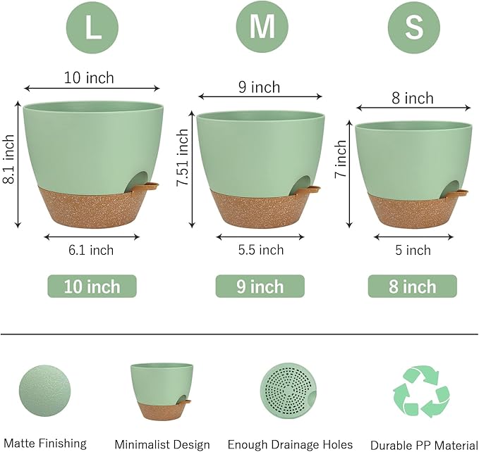 UUBEMM Self Watering Planters with Drainage Holes, Set of 3 Plastic Plant Pots with Deep Reservoir for Indoor Outdoor Garden Flowers Plants,10+9+8 Inch (Green)