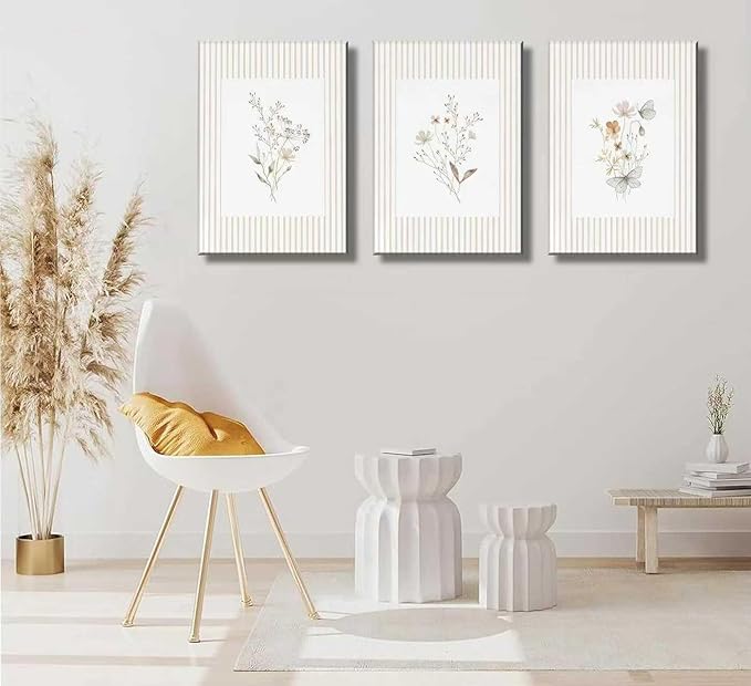 3Psc Striped Floral Canvas Wall Art Neutral Minimalist Flower Painting Picture Wall Decor Boho Vintage Wildflower Poster Print Artwork for Living Room Bathroom Home Decoration12x16 Inch