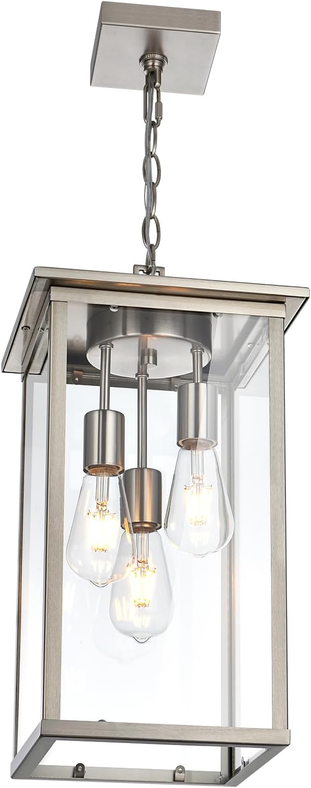 TODOLUZ 3-Lights Outdoor Pendant Light, Modern Brushed Nickel Outdoor Chandelier with Clear Glass, Adjustable Ceiling Mount Porch Light for Entryway Patio