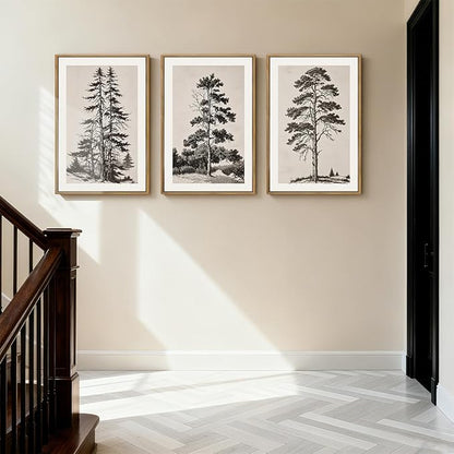 ANHUIB Vintage Tree Sketch Framed Canvas Wall Art 16x24 Inch Neutral Wilderness Forest Paintings Retro Botanical Wall Decor Set of 3 for Living Room Bedroom Office