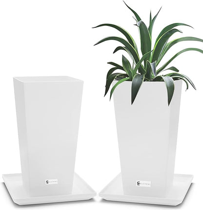 Elevens Set of 2 Tall Outdoor Planters 28 Inch, Large Planters for Indoor Outdoor Plants, Tapered Square Flower Pots with Tray for Patio, White