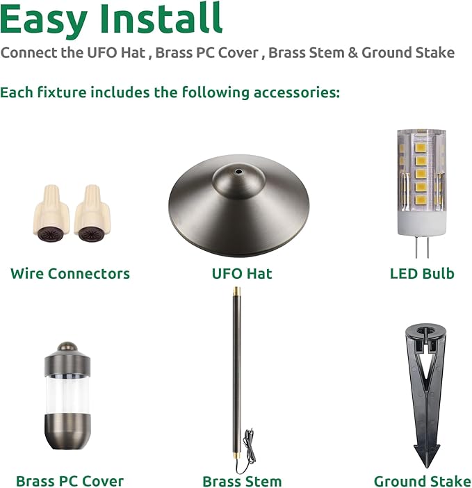 DOSHINE® Solid Brass Low Voltage Landscape Lighting Pathway Lights (9" Shade, 22" Tall) with Replaceable 3W G4 LED Bulb 3000K AC/DC 12V and Ground Stake for Outdoor Walkway Driveway (UFO, 4-Pack)