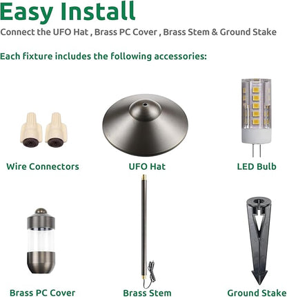 DOSHINE® Solid Brass Low Voltage Landscape Lighting Pathway Lights (9" Shade, 22" Tall) with Replaceable 3W G4 LED Bulb 3000K AC/DC 12V and Ground Stake for Outdoor Walkway Driveway (UFO, 4-Pack)