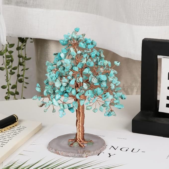 Natural Healing Crystal Tree of Prosperity Wire Wrapped on Agate Base Handmade Money Tree Bonsai Home Office Decoration for Good Luck, Green Howlite Turquoise