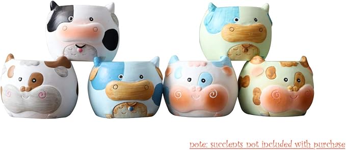 Cow Succulent Pots | Cow Planter Pots Set with Drainage | Ceramic Animal for Cacti Plant | Cute Decorative Holder for Home, Office, Windowsill | 2.7 Inch Set of 6