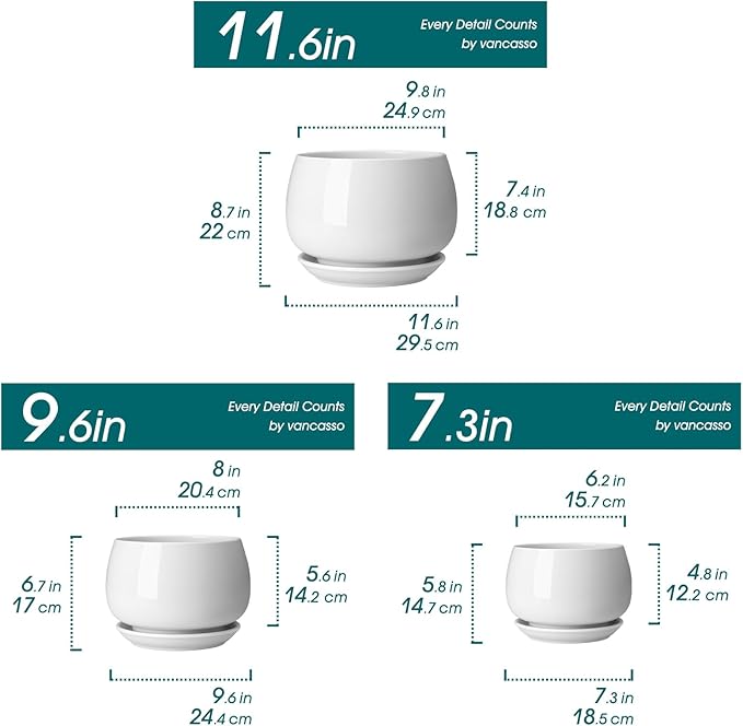 vancasso 3-Pack Ceramic Plant Pots, 7.3/9.6/11.6 Inch Indoor Planters with Saucers & Drainage Hole Planter pots for Indoor Plants and Flower, White