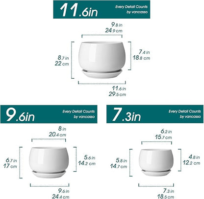 vancasso 3-Pack Ceramic Plant Pots, 7.3/9.6/11.6 Inch Indoor Planters with Saucers & Drainage Hole Planter pots for Indoor Plants and Flower, White