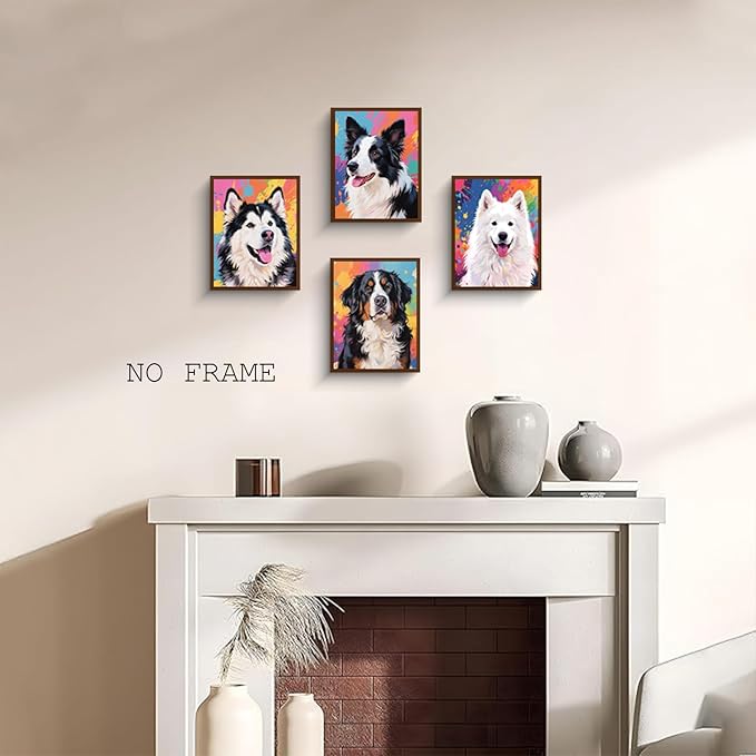 NIIORE Colorful Dog Canvas Wall Art, Pet Printing, Border Collie, Samoyed, Alaskan Malamute, Bernese Mountain Dog Prints, Set of 4, 8x10 Inches Unframed
