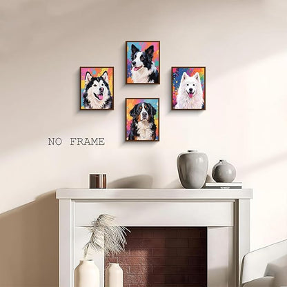 NIIORE Colorful Dog Canvas Wall Art, Pet Printing, Border Collie, Samoyed, Alaskan Malamute, Bernese Mountain Dog Prints, Set of 4, 8x10 Inches Unframed