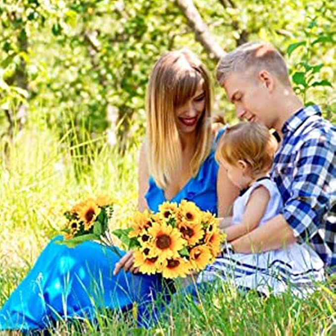 PASYOU Artificial Sunflower Plastic Fake Flowers Sunflowers for Indoor Outdoor Wedding Bridal Bouquet Home Garden Party DIY Wreath Table Arrangement Decoration Pot Planter Filler 2 pcs