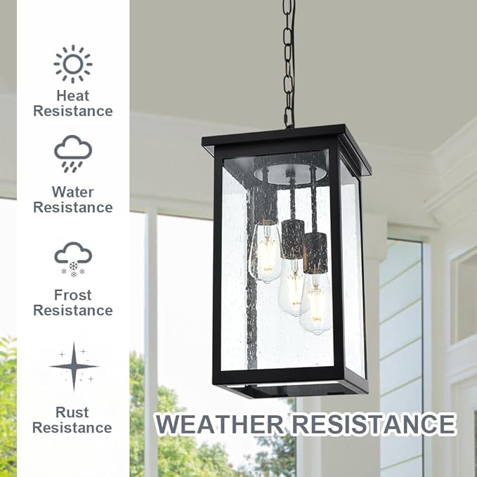 TODOLUZ 3-Lights Large Outdoor Pendant Light, Black Porch Ceiling Lighting Fixtures with Seeded Glass Panel, Exterior Hanging Lantern Adjustable Chain for Yard Entryway Patio