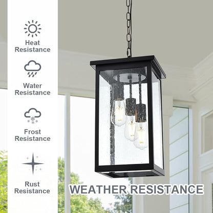 TODOLUZ 3-Lights Large Outdoor Pendant Light, Black Porch Ceiling Lighting Fixtures with Seeded Glass Panel, Exterior Hanging Lantern Adjustable Chain for Yard Entryway Patio