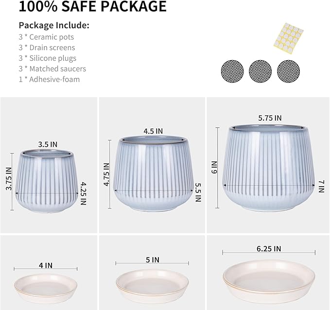 TAMAYKIM 4.25 + 5.5 + 7 Inch Ceramic Plant Pots with Drainage Holes and Saucers, Small to Large Planter Sets for Plants, Succulent, Cactus and Herbs, Blue, Set of 3