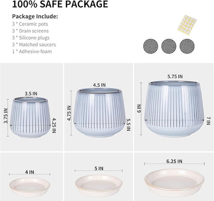TAMAYKIM 4.25 + 5.5 + 7 Inch Ceramic Plant Pots with Drainage Holes and Saucers, Small to Large Planter Sets for Plants, Succulent, Cactus and Herbs, Blue, Set of 3