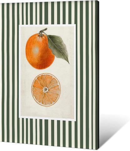 Vintage Green Striped Orange Fruit Canvas Wall Art Modern Farmhouse Botanical Kitchen Food Prints Posters Minimalist Colorful Aesthetic Pictures Boho Decor for Bedroom Restaurant 12x16inch Framed