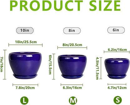 Flower Pots for Indoor Plants- Ceramic Pots for Plants 10 Inch 8 Inch 6 Inch Plant Pots with Drainage Holes and Saucers Decorative Large Planters for Outdoor Plants Set of 3 Blue