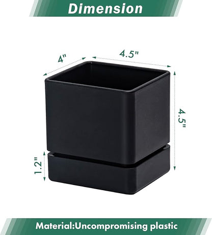 D'vine Dev 4 Inch Herb Planter Pot, Plastic Planter with Drainage Holes and Saucer, Modern Decorative Gardening Pot for Indoor Plants, Flowers, Herbs, Succulents, Black, Set of 2, 76-Y-B2-1