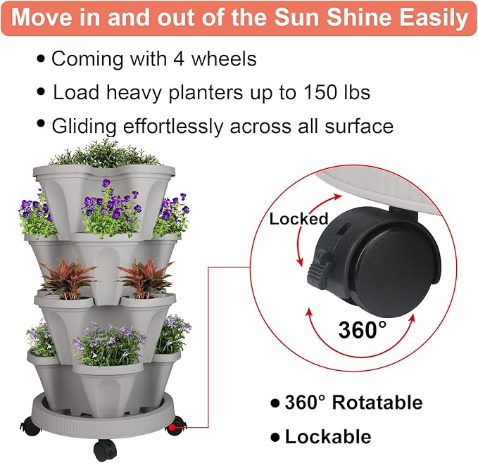 GameXcel Vertical Planter 4 Tier Stackable Planters Garden Planters Strawberry Herb Flower and Vegetable Planter Indoor Outdoor Gardening Pots with Removable Wheels and Tools 2-Pack