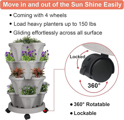 GameXcel Vertical Planter 4 Tier Stackable Planters Garden Planters Strawberry Herb Flower and Vegetable Planter Indoor Outdoor Gardening Pots with Removable Wheels and Tools 2-Pack
