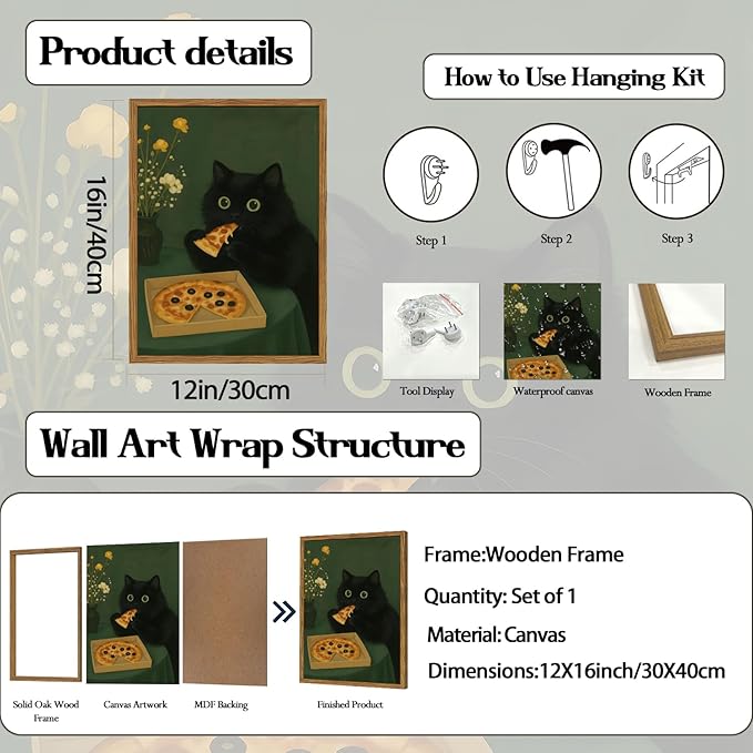 Funny Black Cat Wall Art Whimsical Black Cat Eating Pizza Wall Decor Cute Animal Dark Green Kitchen Poster Canvas Prints for Bedroom Living Dining Room 12x16 inch Wood Framed