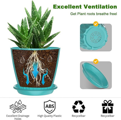 6 Inch Plant Pots with Saucers, 6 Pack Indoor Flower Pots, Planters with Drainage Holes for Orchids, Violets, Succulents, Herbs, and Other Plants, White (Black-Green, 6inch)