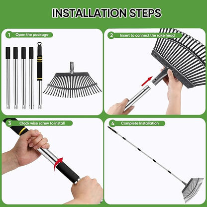 Rake Heavy Duty 6FT Long Garden Rake , 18.5 Inch Wide, 25 Metal Tines, Adjustable Stainless Steel Handle, Leaf Rakes for Leaves, Yards, Grass, Garbage, Weeds, Debris (Black)