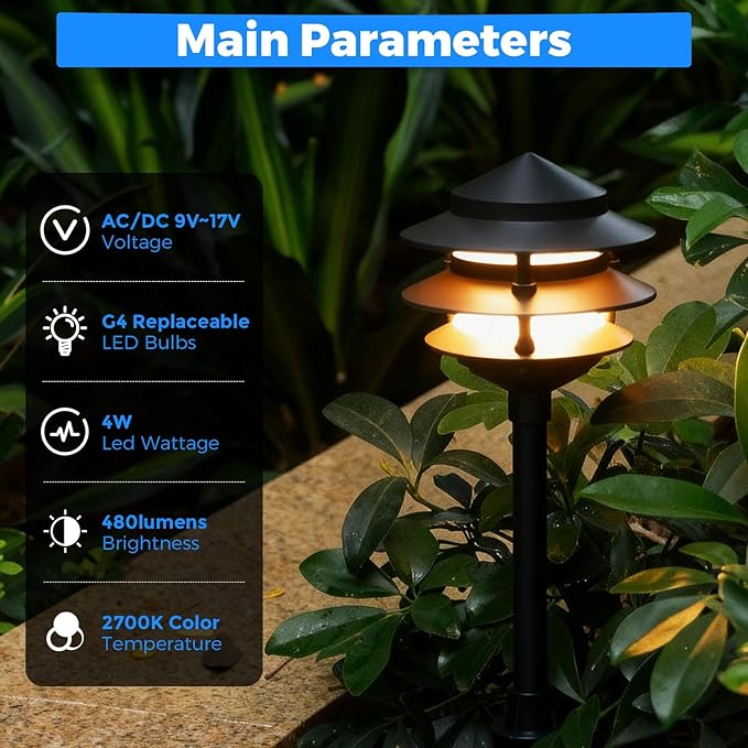 Gardencoin Pagoda Low Voltage Landscape Pathway Lights, 12V Outdoor LED Path Lights Wired, Aluminum Walkway Lighting with 4W 2700K Replaceable G4 Bulb, Classic 3-Tier Lantern, 6 Pack
