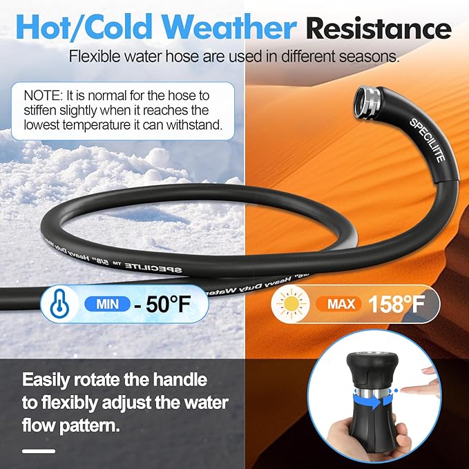 SPECILITE 5/8" Hot/Cold Water Hose 25 ft with High Flow Nozzle,Heavy Duty Flexible Rubber Garden Hose -50℉ to 158℉ With 3/4" Stainless Steel Fittings for Yard, Outdoor, Farm, Lightweight, Black