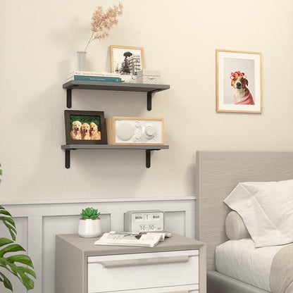 RICHER HOUSE Rustic Wood Bathroom Shelves Set of 2, Farmhouse Style Floating Shelf for Wall Décor, Hanging Shelves for Bedroom, Storage, Kitchen, Living Room - Grey