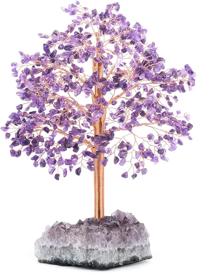 Gemstone Crystal Tree of Life - Natural Amethyst Geode Cluster Base, Chakra Healing Crystals, Positive Energy Bonsai Money Feng Shui Home Decor for Good Luck Gift, 10"-12"