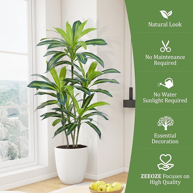 Dracaena Plant Artificial Tree 4Ft Tall Fake Tropical Floor Plants Potted (Real Touch) Artificial Silk Tree Leaf Faux Trees Black Tall Planter for Home Office Living Room Indoor Outdoor Decor