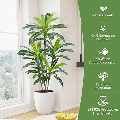 Dracaena Plant Artificial Tree 4Ft Tall Fake Tropical Floor Plants Potted (Real Touch) Artificial Silk Tree Leaf Faux Trees Black Tall Planter for Home Office Living Room Indoor Outdoor Decor