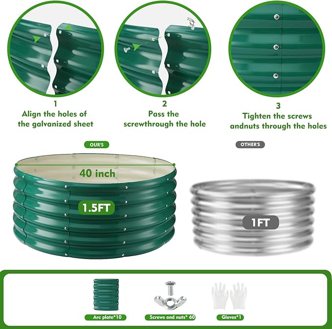 17" Tall Round Outdoor Garden Raised Garden Bed Kits-0.8MM Thick Metal Raised Planter Bed/Ground Planter Box for Variety of Flowers,Herbs,Vegetables,Trees (Dark Green, 40 Dia X 16.5 inches)