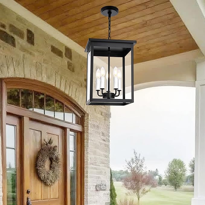 5 Lights Indoor Pendant Light White Outdoor Chandelier Exterior Hanging Fixtures Ceiling Mount with Clear Glass Shade Hanging Lantern Adjustable Pendant Lighting for Outdoor Hallway
