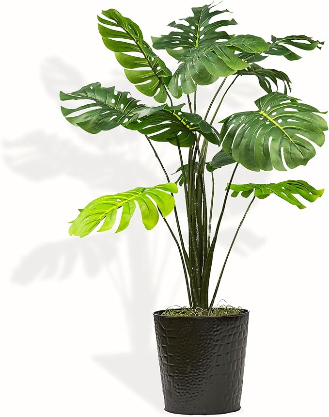 2.8ft Faux Monstera Deliciosa - Realistic Fade Resistant Foilage, No Maintenance, Large Indoor Artificial Plant in Black Metal Pot - Living Room, Home & Office Decor