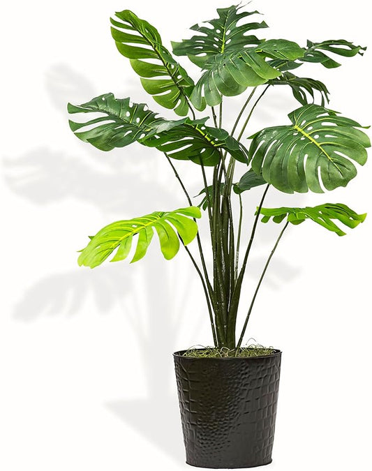 2.8ft Faux Monstera Deliciosa - Realistic Fade Resistant Foilage, No Maintenance, Large Indoor Artificial Plant in Black Metal Pot - Living Room, Home & Office Decor
