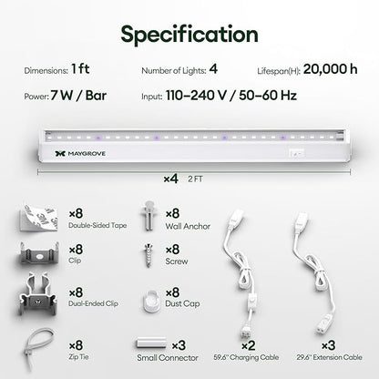 Grow Lights for Indoor Plants 1FT, Blue-Rich Full Spectrum 5000K Grow Light, 28W(4 x 7W), T5 LED Grow Light Strips for Succulents, High PPFD, Linkable, White, 4-Pack