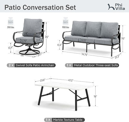 PHI VILLA 4 Piece Patio Furniture Sets for 5 Person with 1 x 3-Seat Deep Seating Bench, 2 x Cushioned Swivel Sofa Chairs & 1 x Coffee Table, Outdoor Metal Conversation Set for Lawn Garden,Grey