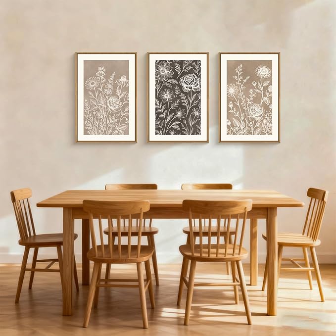 Neutral Boho Flower Framed Canvas Wall Art Set,Vintage Rose Peony Wildflower Wall Decor,Modern Natural Brown Black Floral Botanical Artwork for Living Room, Bedroom,Farmhouse-24 x36 x3